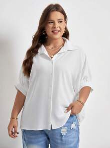 SHEIN Frenchy Plus Solid Batwing Sleeve Shirt - White - View 5