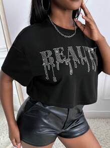 Slaydiva Áo thun nữ Pha lê kim cương Lá thư Giải trí - màu đen - Xem 5