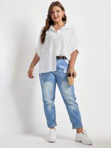 SHEIN Frenchy Plus Solid Batwing Sleeve Shirt - White - View 7