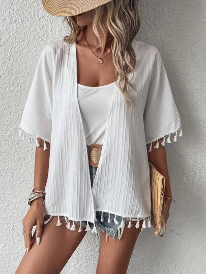SHEIN Swim 流蘇邊蝙蝠袖開門襟和服罩衫