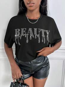 Slaydiva Áo thun nữ Pha lê kim cương Lá thư Giải trí - màu đen - Xem 7