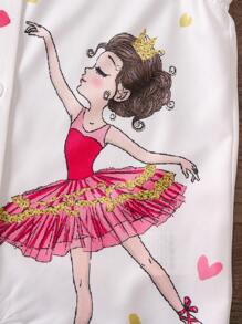 SHEIN 年輕女孩白色肖像優雅可愛跳舞女孩襯衫帶荷葉邊領和下擺袖夏季