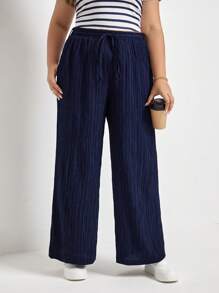 SHEIN Frenchy Plus Plisse Wide Leg Belted Trousers - Navy Blue - View 1
