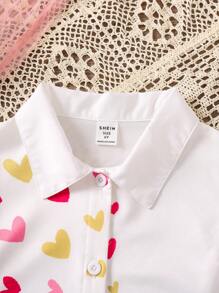 SHEIN 年輕女孩白色肖像優雅可愛跳舞女孩襯衫帶荷葉邊領和下擺袖夏季