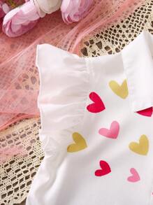 SHEIN 年輕女孩白色肖像優雅可愛跳舞女孩襯衫帶荷葉邊領和下擺袖夏季