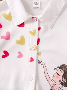 SHEIN 年輕女孩白色肖像優雅可愛跳舞女孩襯衫帶荷葉邊領和下擺袖夏季