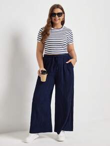 SHEIN Frenchy Plus Plisse Wide Leg Belted Trousers - Navy Blue - View 3