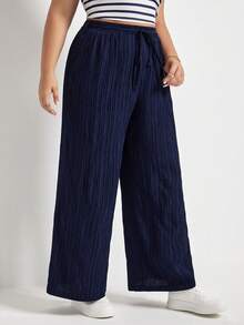 SHEIN Frenchy Plus Plisse Wide Leg Belted Trousers - Navy Blue - View 4
