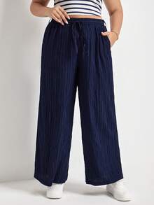 SHEIN Frenchy Plus Plisse Wide Leg Belted Trousers - Navy Blue - View 5