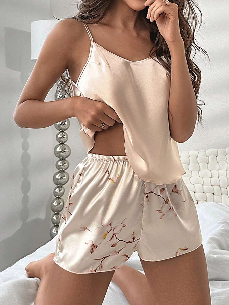 Solid Satin Cami Top & Floral Print Shorts PJ Set - Champagne - View 1