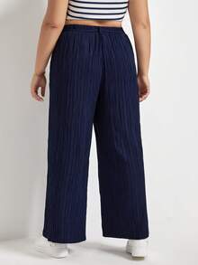 SHEIN Frenchy Plus Plisse Wide Leg Belted Trousers - Navy Blue - View 6