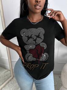 Slaydiva 休闲水钻熊图案圆领短袖修身女式 T 恤 - 黑色 - 查看 1