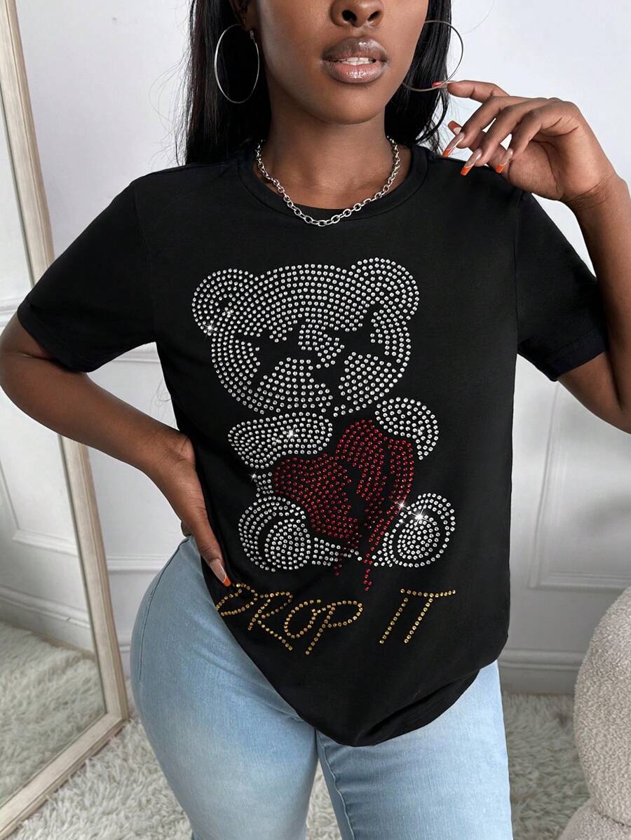 Slaydiva 休闲水钻熊图案圆领短袖修身女式 T 恤 - 黑色 - 查看 1
