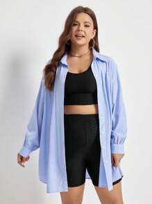 SHEIN Frenchy Plus 1pc Drop Shoulder Button Front Shirt - Blue - View 1