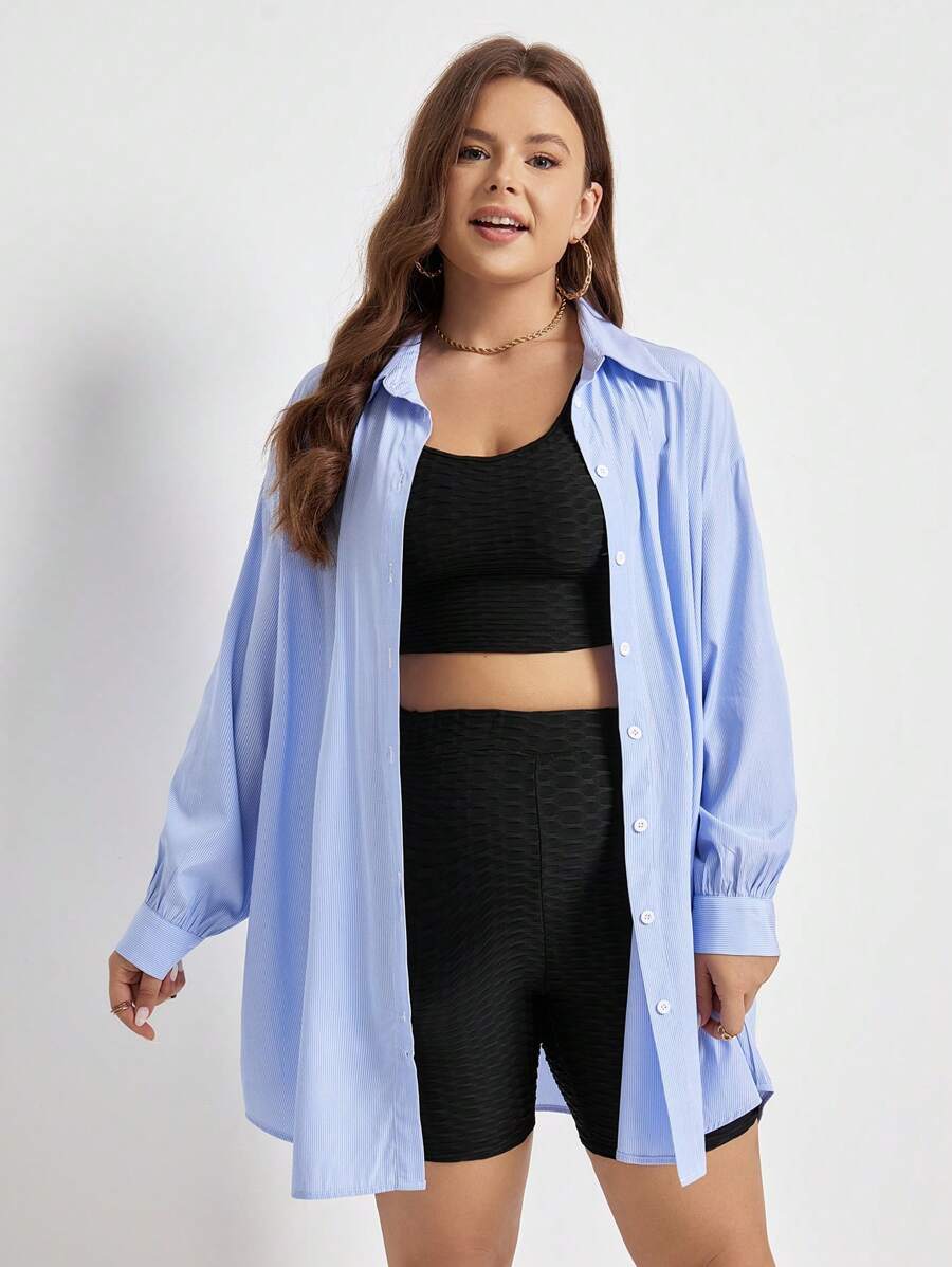 SHEIN Frenchy Plus 1pc Drop Shoulder Button Front Shirt - Blue - View 1