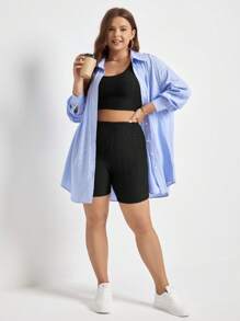 SHEIN Frenchy Plus 1pc Drop Shoulder Button Front Shirt - Blue - View 3