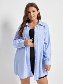 SHEIN Frenchy Plus 1pc Drop Shoulder Button Front Shirt - Blue - View 4