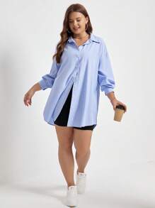 SHEIN Frenchy Plus 1pc Drop Shoulder Button Front Shirt - Blue - View 5