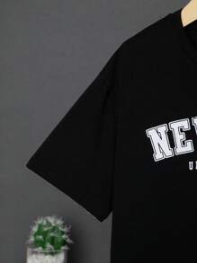 SHEIN Leap Crew Tween Boy Letter Graphic Tee & Contrast Tape Drawstring Waist Shorts Without Necklace - Black - View 5