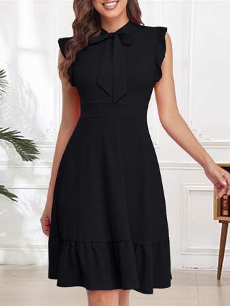 Tie Neck Ruffle Hem Dress