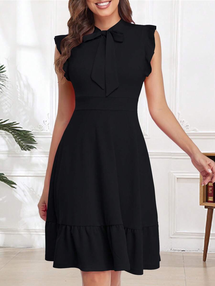 Đầm Xù Viên lá sen Thắt nơ trước màu trơn Thanh lịch - màu đen - Xem 1