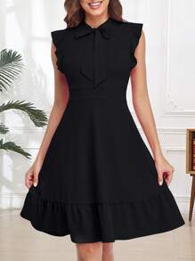 Đầm Xù Viên lá sen Thắt nơ trước màu trơn Thanh lịch - màu đen - Xem 3