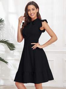 Đầm Xù Viên lá sen Thắt nơ trước màu trơn Thanh lịch - màu đen - Xem 4