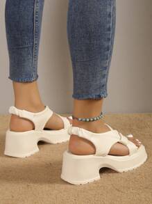 女性扭結細節優雅夏天露跟防水台涼鞋 - 米色 - 查看 2