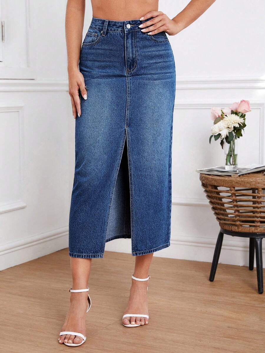 SHEIN Essnce 高腰高衩牛仔半身裙