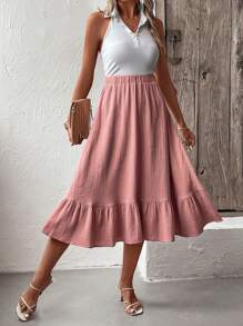 SHEIN LUNE 素色荷葉邊半身裙 - 珊瑚粉 - 查看 3