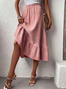 SHEIN LUNE 素色荷葉邊半身裙 - 珊瑚粉 - 查看 5