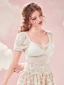 ROMWE 花卉蕾絲蝴蝶結裝飾泡泡袖短款上衣 - 白色 - 查看 3