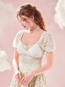 ROMWE 花卉蕾絲蝴蝶結裝飾泡泡袖短款上衣 - 白色 - 查看 5