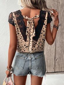 SHEIN LUNE Dalmatian Print Contrast Lace Tie Back Blouse - Khaki - View 1