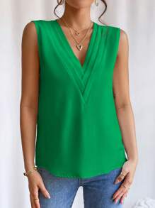 EMERY ROSE Solid V Neck Sleeveless Blouse - Green - View 4