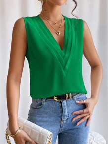 EMERY ROSE Solid V Neck Sleeveless Blouse - Green - View 5