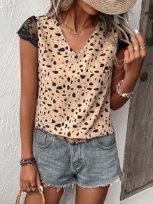 SHEIN LUNE Dalmatian Print Contrast Lace Tie Back Blouse - Khaki - View 6