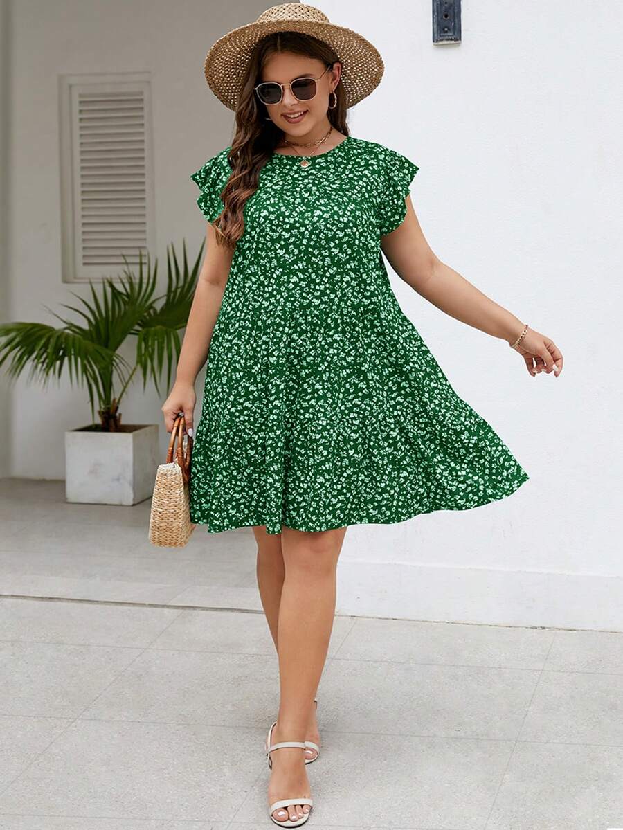 Đầm Plus Size Viên lá sen Họa tiết hoa Boho - Màu xanh lá cây đậm - Xem 1