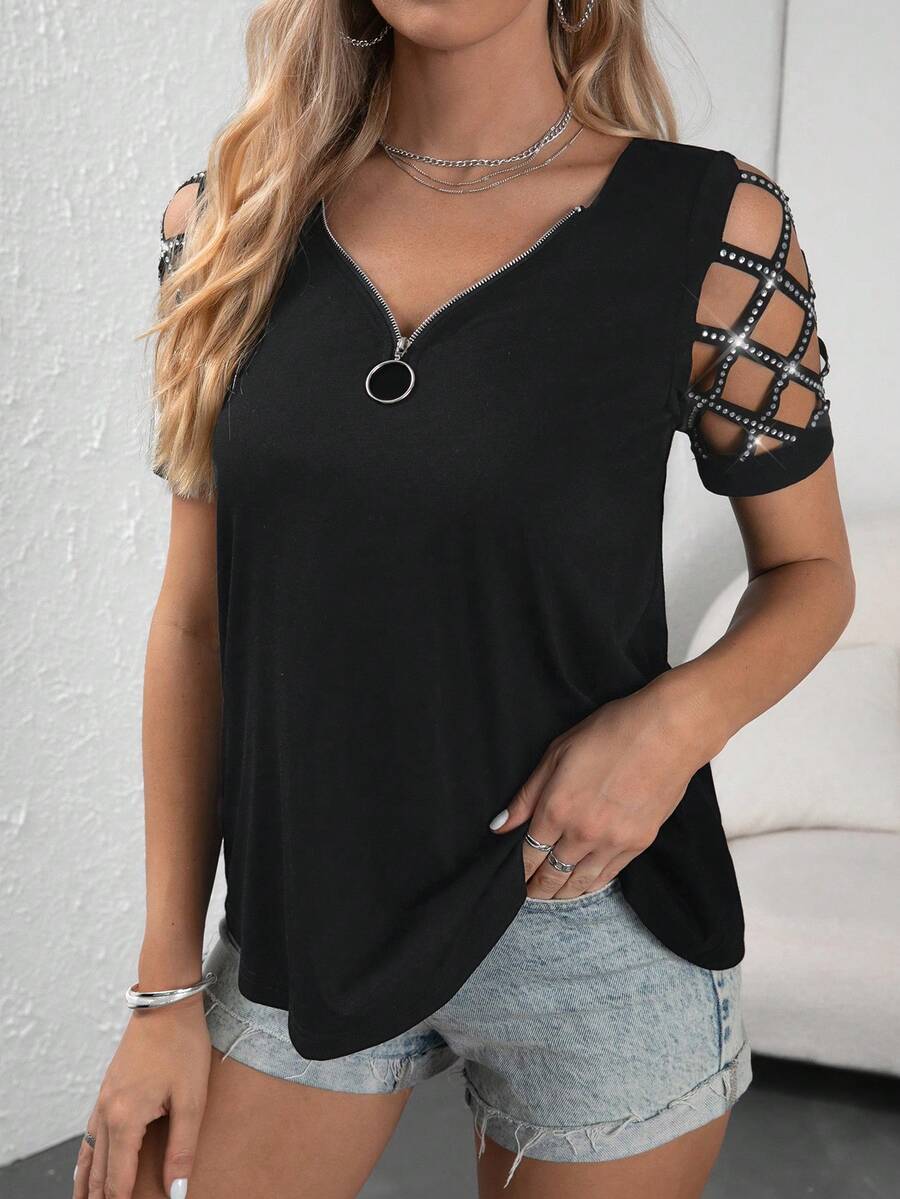 SHEIN LUNE 鏤空前拉鏈圓環細節T恤 - 黑色 - 查看 1