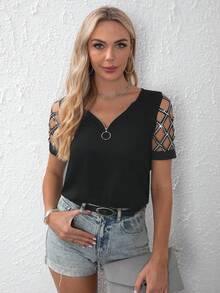 SHEIN LUNE 鏤空前拉鏈圓環細節T恤 - 黑色 - 查看 3