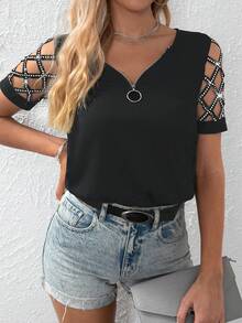 SHEIN LUNE 鏤空前拉鏈圓環細節T恤 - 黑色 - 查看 5