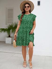 Đầm Plus Size Viên lá sen Họa tiết hoa Boho - Màu xanh lá cây đậm - Xem 6