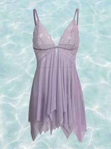 ROMWE Fairycore Mermaid Contrast Lace Asymmetrical Hem Slips With Thong, Lingerie - Lilac Purple - View 1