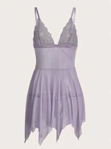 ROMWE Fairycore Mermaid Contrast Lace Asymmetrical Hem Slips With Thong, Lingerie - Lilac Purple - View 4