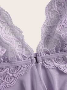 ROMWE Fairycore Mermaid Contrast Lace Asymmetrical Hem Slips With Thong, Lingerie - Lilac Purple - View 5