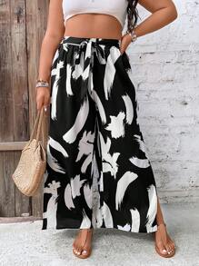 SHEIN LUNE 大碼筆刷圖案下擺開叉腰帶闊腿褲 - 黑色 - 查看 1