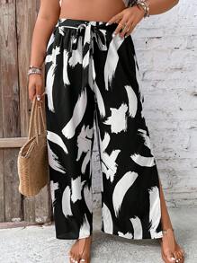 SHEIN LUNE 大碼筆刷圖案下擺開叉腰帶闊腿褲 - 黑色 - 查看 4