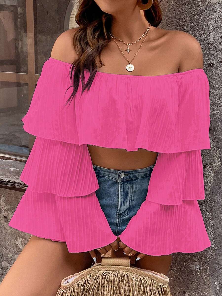 SHEIN Unity áo nữ kích thước lớn Xù phân lớp màu trơn Boho - Màu Hồng Tươi - Xem 1