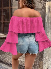 SHEIN Unity áo nữ kích thước lớn Xù phân lớp màu trơn Boho - Màu Hồng Tươi - Xem 2