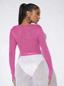 SHEIN SXY 水鑽細節雞心領口緊身上衣網紗T恤 - 粉色 - 查看 3